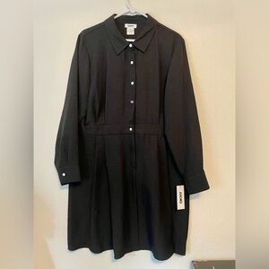 DKNY Long Sleeve Black Shirt Dress with Button Accents